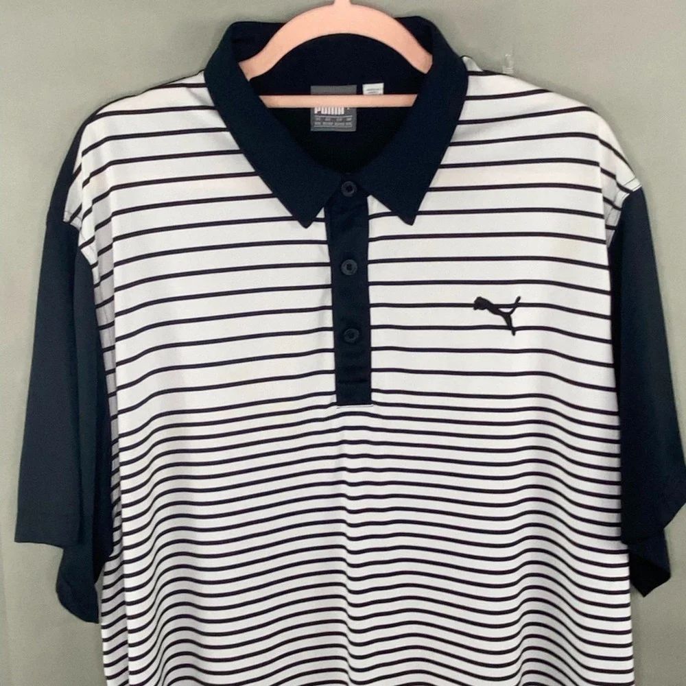 Puma Striped dryCELL Polo Shirt Mens‎ XXL Navy White Short Sleeve Athletic